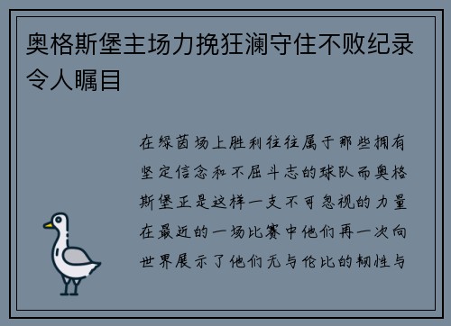 奥格斯堡主场力挽狂澜守住不败纪录令人瞩目